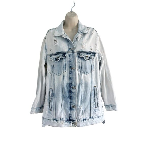We The Free People Women's Sz XS Destroyed Long & Lean Trucker Jacket Acid Wash - Picture 2 of 14